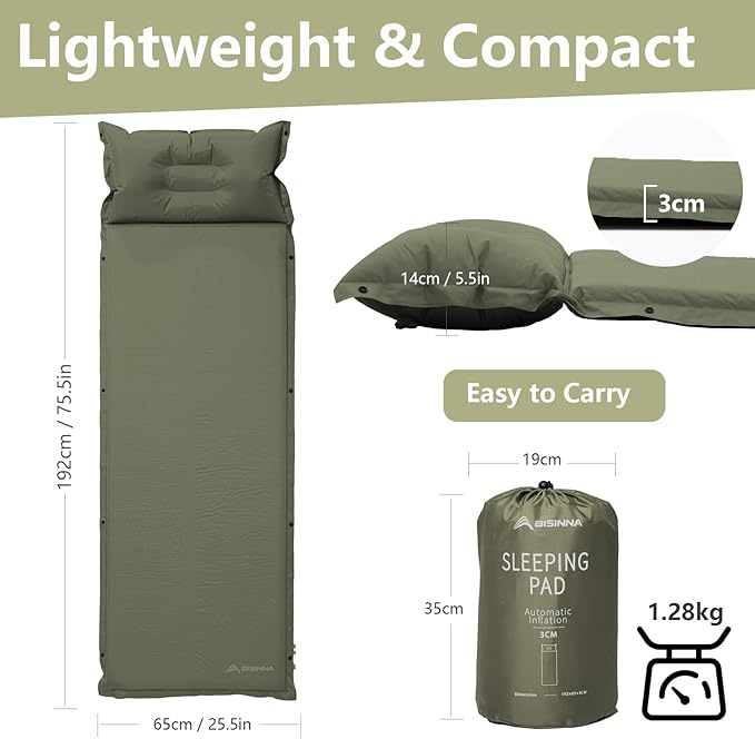 BISINNA Self-Inflating Sleeping Pad Thick Foam Sleeping Mattress with Pillow for Camping Lightweight Insulated Sleeping Mat Fast Inflating for Camping Travel Car Tent