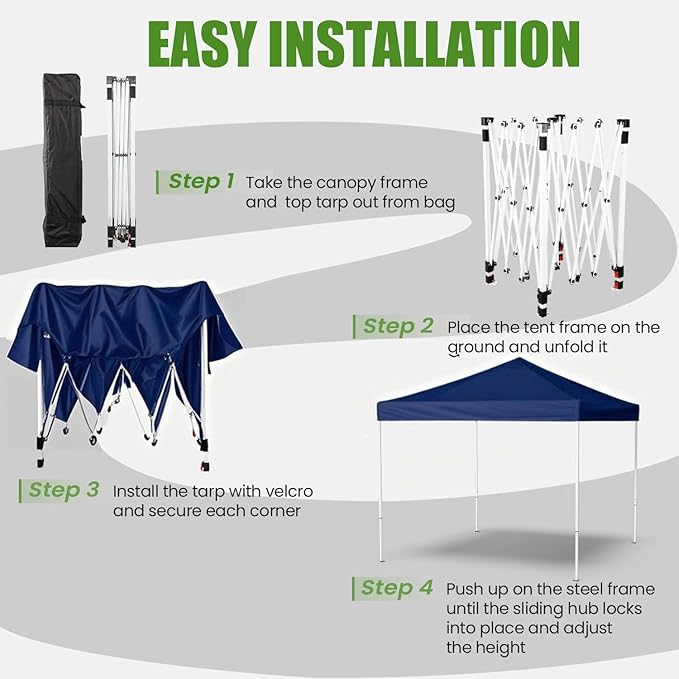 Shades 10x10 Pop Up Canopy,Heavy Duty Beach Tent with Carrying Bag for Easy Moving,Sun Shelter for Parties,Events,Camping,Outdoor Gazebo with 420D PU Coated Waterproof Navy Blue Fabric,4 Sandbags