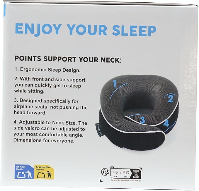 Proglobe Orthopedic Neck Pillow, Travel Neck Pillows for Airplanes, Memory Foam Kit, 360° Head Support, Airplane Pillow Set with 3D Contoured Eye Masks, Earplugs, and Luxury Mesh Bag (Black)