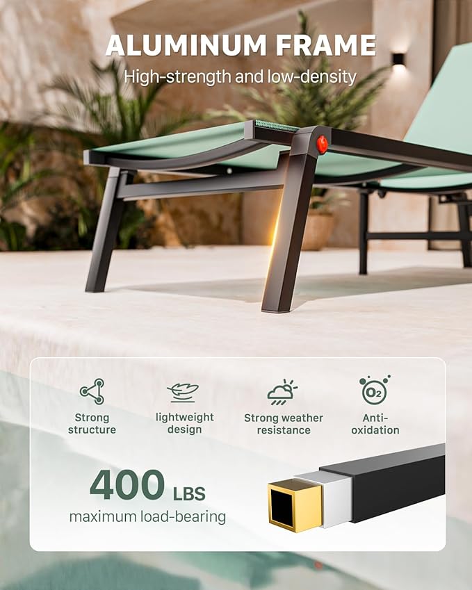 Aluminum Chaise Foldable Patio Lounge Chair Outdoor, Metal Deck Lounger Adjustable 5-Position Recliner Pool Chase Breathable Full Flat Outside Sun Tanning Chairs for Beach/Poolside/Lawn(Green, 2 Pack)