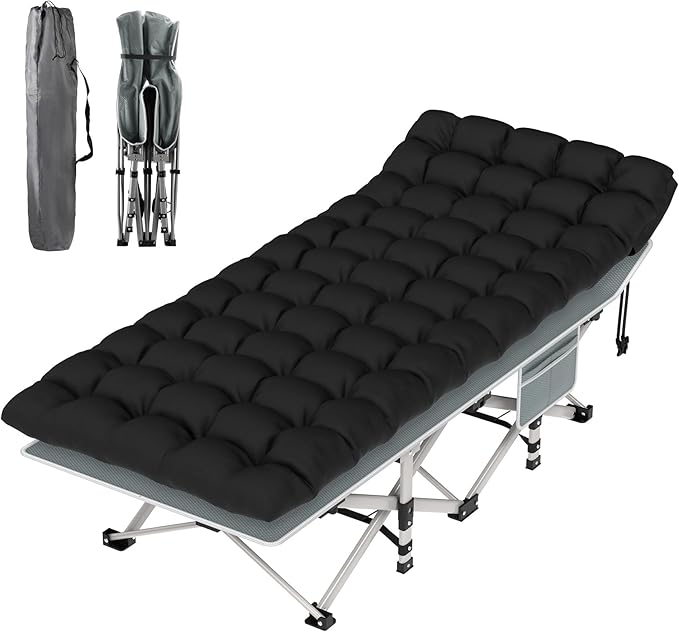 Suteck Camping Cot, Folding Camping Cot Bed for Adults Sleeping 1200D Double Layer Oxford Portable Folding Outdoor Cots for Camping W/Soft Pad Carry Bag for Home Office Nap Beach Travel