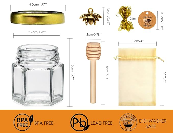 Ahhute Honey Pot, Mini Honey Jars with Dipper, Glass Honey Jars Baby Shower Favors, Party Favors & Wedding Favors, Lid, Bee Pendants, Gold Fabric Ribbons and Gold Organza Bags, 40 Pack 1.5oz