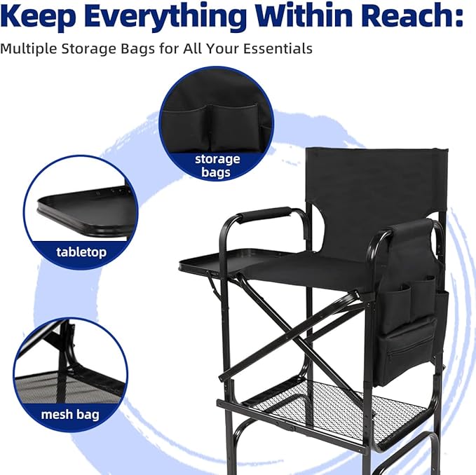 Folding Makeup Chair with Folding Tabletop Storage Bags for Makeup Artists to Keep Makeup Cases and Brushes, Tall Directors Chair, Oversized Portable Camping Chair for Outside Knee Protection