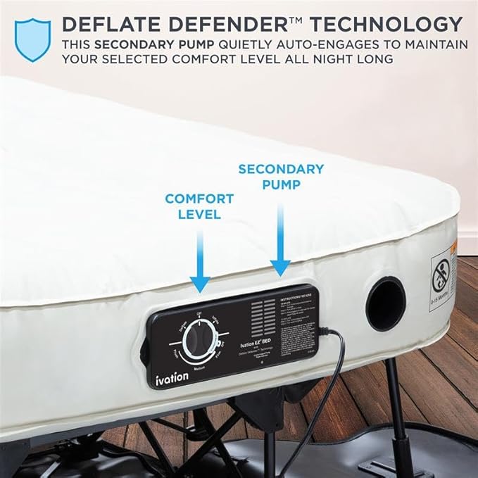 Ivation EZ®-Bed (Queen) Inflatable Air Mattress with Frame & Rolling Case, Built-in Deflate Defender™ Dual Pump Technology - 3 Min Self Inflate/Deflae Raised Blow up Bed on Legs, Premium Coil Design