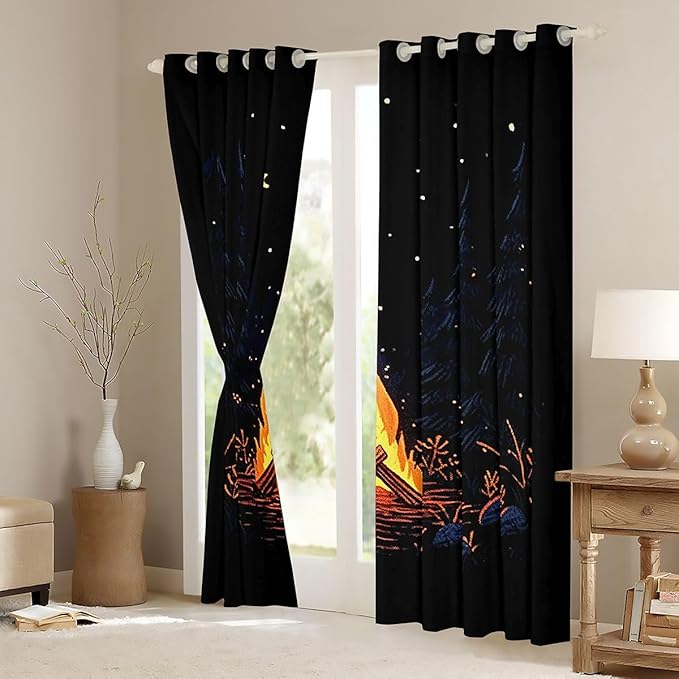 Feelyou Vintage Campfire Curtains for Bedroom Living Room Camping Camper Blackout Darkening Drapes Camping Decor Window Treatments, 2 Panels 52 x 90 Inch Room Decor