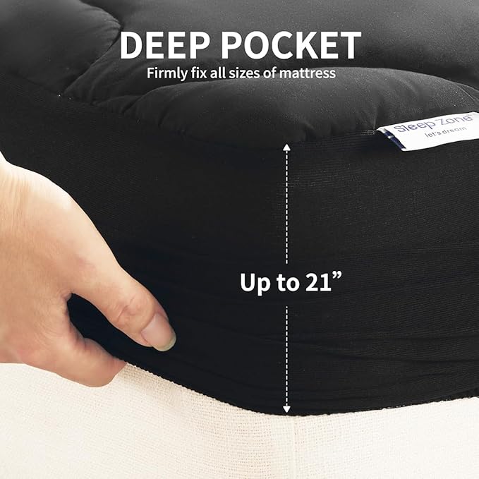 SLEEP ZONE Mattress Pad Twin XL College Dorm Cooling Mattress Topper, Quilted Fitted Mattress Cover, Soft Fluffy Down Alternative Mattress Protector, Deep Pocket 8~21 inch (Black, Twin XL)
