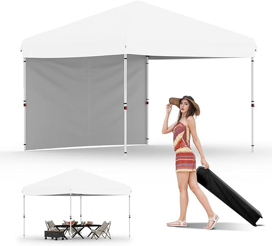 10x10 Pop Up Canopy Tent Outdoor Canopy with 1 Removable Sidewall One-Person Set Up Heavy Duty Commercial Instant Tent Shelter-White