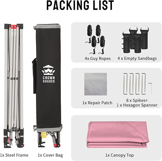 CROWN SHADES 10x10 Pop Up Canopy - Beach Tent with One Push Setup - Easy Outdoor Sun Shade for Events, Parties, Camping - Gazebo with STO-N-Go Cover Bag, Silver Coated Top, Pink