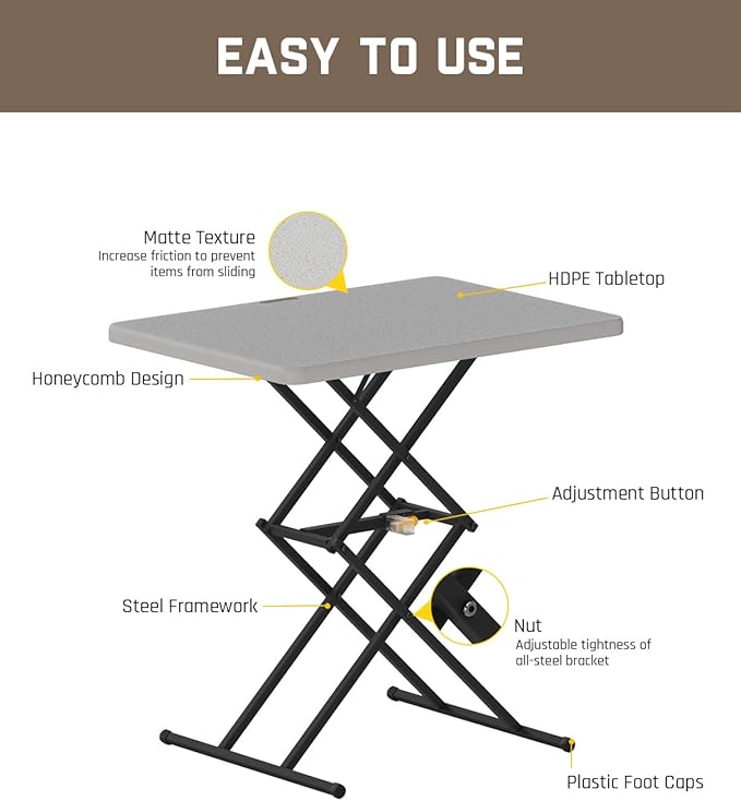 FanttikOutdoor Folding Table, One-Handed Height Adjustment, 3 Heights, Multi-Functional Small Folding Table 28 inch, TV Tray, Portable Dinner Table, No Assembly, 1 Pack, Grey Zeta X1 Pro
