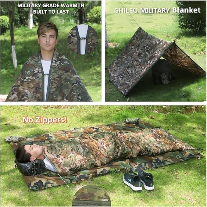 Camo Poncho Liner, Army Blanket, Military Sleeping Bag, with A Compression Carrying Bag, for Traveling, Hiking, Camping, Outdoor Survival, Car Blanket
