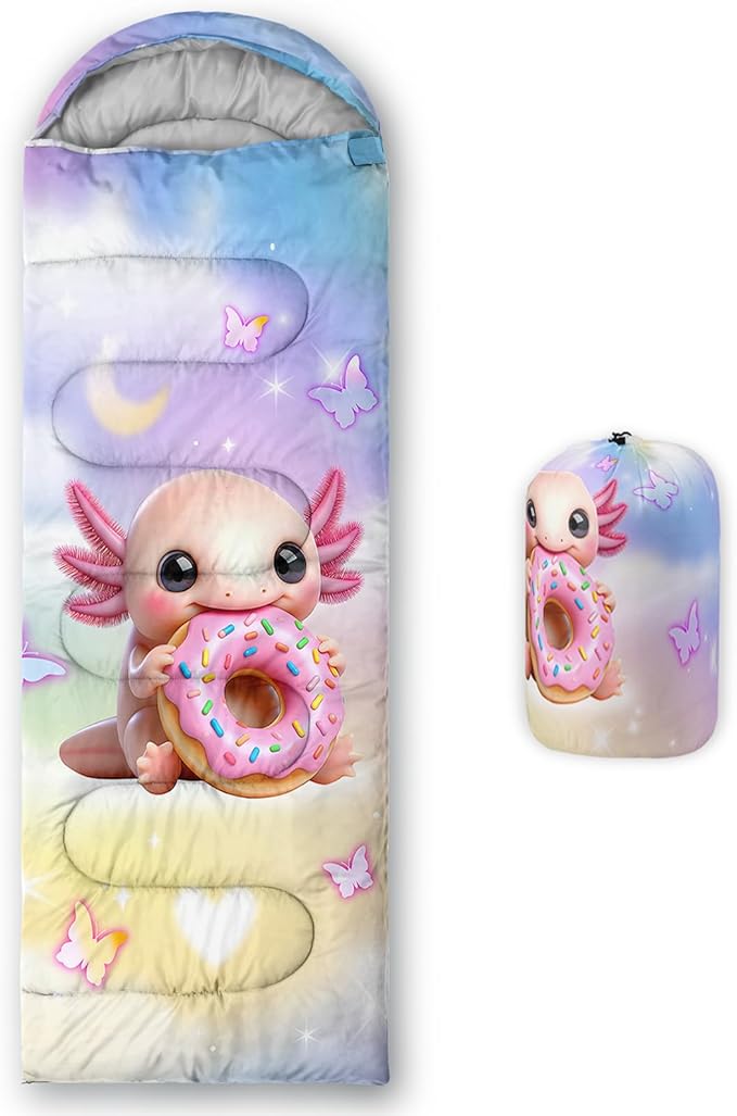 AILONEN Kawaii Puppy Sleeping Bag for Kids Boys Girls,Warm and Cool Weather,Lightweight,Waterproof Backpacking,Cartoon Cute Dog & Duck Animal Themed Blue Sleeping Bag for Camping