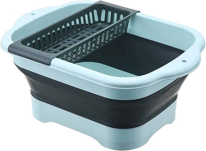 2.98 Gallon (11.28L) Collapsible Dish Basin with Drain Plug, Outdoor Multiuse Foldable Sink Tub, Dishpan, Wash Basin, Portable Kitchen Storage Tray for Camping, RV, Beverage Bucket (Green)