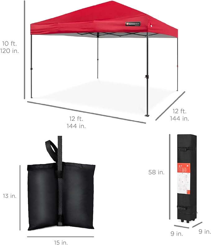 Best Choice Products 12x12ft Pop Up Canopy Tent, Outdoor Shade, 1 Person 1 Minute Set Up, Carry Case, 4 Weight Bags - Red