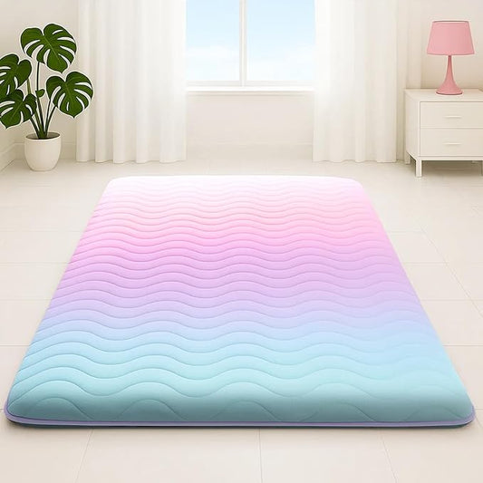 Japanese Floor Futon Mattress, 3.5" Thicken Colorful Rainbow Portable Floor Mattress, High-Density Foam Tatami Mat Sleeping Pad for Camping Guest Room Dormitory RV, Queen