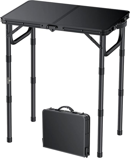 FUNYKICH 2ft Small Folding Camping Table(22.8'' Lx15.7'' W), 3 Height Adjustable Portable Picnic Table, Lightweight Aluminum Outdoor Table with Carry Handle for Camping, BBQ, Beach, Picnic, Black