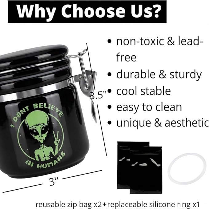 Alien Smell Proof Jar Half Oz (250ml), Separate Space for Humidity Pack To Keep Herbs Fresh For Months - Ceramic Smell Proof Containers, ET Stash Jar with Clamp Lid - Double Sealed Airtight Jar -Black