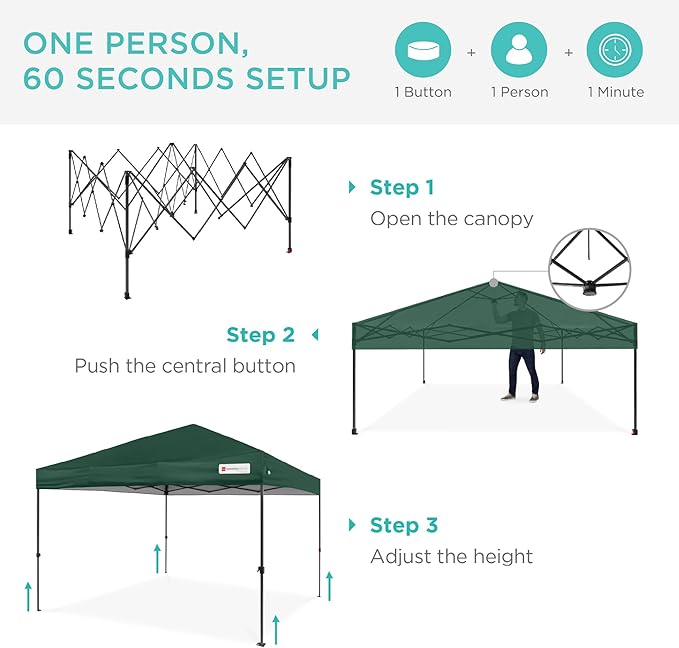 Best Choice Products 8x8ft Pop Up Canopy Tent, Outdoor Shade, 1 Person 1 Minute Set Up, Carry Case, 4 Weight Bags - Dark Green