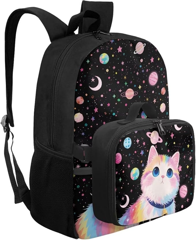 HUGS IDEA Cosmic Cat Backpack for School Girls 3th Grade School Bag for Kids 17 Inch Students Bookbag Lightweight School Bookbag for Girls with Lunch Bag Large Kids Travel Daypack