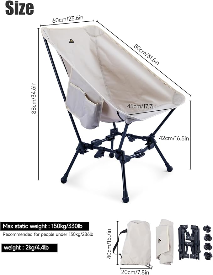 iClimb Two-Heights Light Compact Comfortable Camping Folding Beach Chair with Anti-Sinking Large Feet and Carry Bag