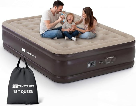 Queen Air Mattress with Built in Pump,18" Raised Blow up Air Bed,3 Mins Quick Self-Inflation/Deflation, Inflatable Mattress for Camping/Home/Guests/Travel (Brown)