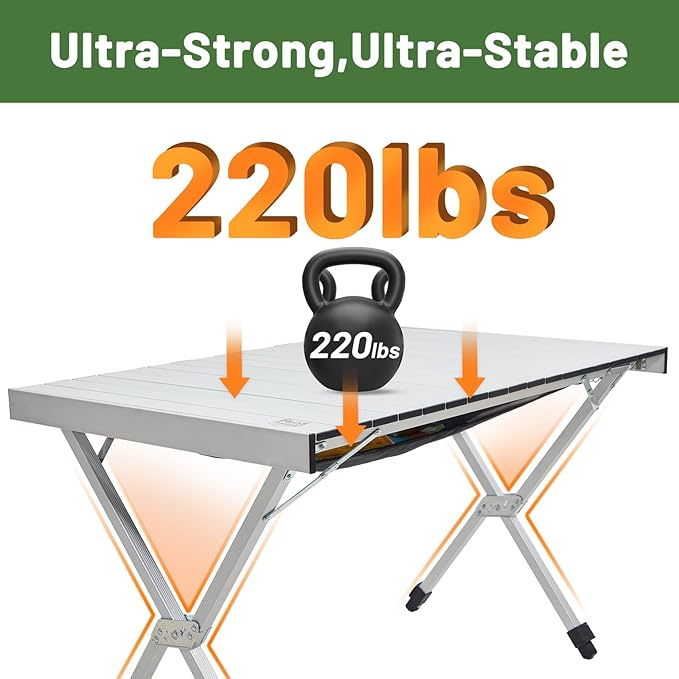 TIMBER RIDGE Folding Camping Table Adjustable Height, 4-6 Person Lightweight Aluminum Roll-up Table for Camping Outdoor Picnic BBQ Backyard Party Support 220 lbs, Silvery