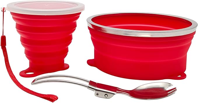 Mess Kit for Camping Silicone Collapsible Bowl Collapsible Cup and Stainless Steel Spoon for Backpacking Outdoor Hiking Traveling and Picnic