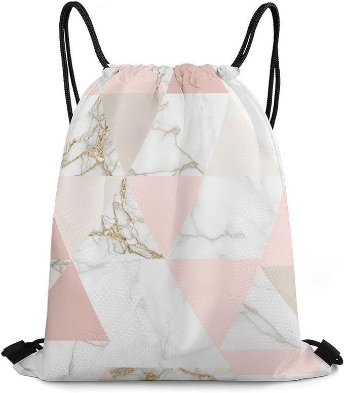 Gym Drawstring Bag Sports Sackpack Waterproof String Backpack with Shoe Compartment for Hiking Swimming Training, Rose Gold Grey Marble Bags
