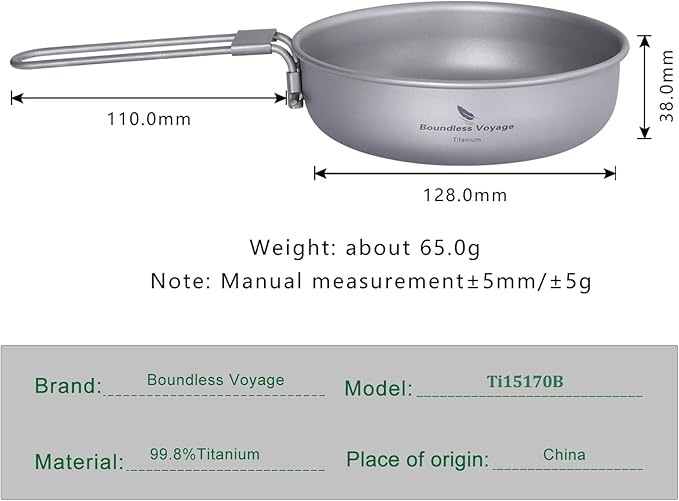 Boundless Voyage Ultra-light Titanium Frying Pan with Folding Handle Outdoor Camping Skillet Griddle Tableware Titanium Pan Ti15170B