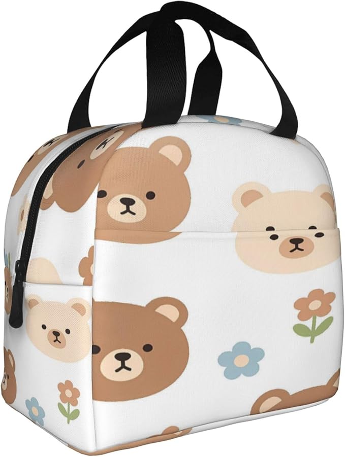 Cute cartoon bear faces flowers digital art Insulated Lunch Bag Oxford Cloth & Thick Foil Cooler Warmer Tote Waterproof Wear-Resistant with Front Pocket for Work Picnic Outdoor Travel