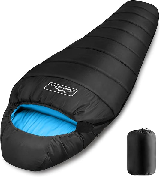KAMPKEEPER Mummy Sleeping Bag for Adults,3-4 Seasons Cold Weather,Waterproof,Lightweight,Non-Snag Zipper with Adjustable Hood Perfect for Backpacking, Hiking,Camping