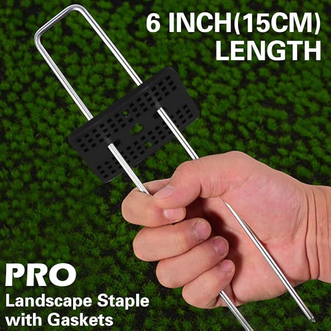 Bakulyor 100 Pcs Landscape Staples + 100 Pcs Gasket, 6 Inch Garden Stakes Staples 11 Gauge U Shaped Galvanized Lawn Landscape Pins, Heavy Duty Yard Ground Pin for Weed Barrier Sod Fabric Decorations