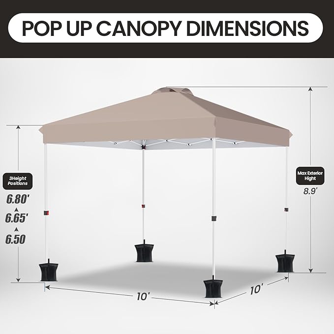 10x10 Pop Up Canopy, Heavy Duty Pop Up Tent with Wheeled Bag for Easy Moving, Easy Up Canopy Tent for Parties, Events, Camping, Outdoor Gazebo with 420D PU Coated Waterproof Brown Fabric