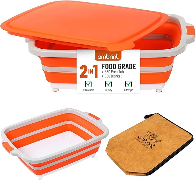 large 16L BBQ Prep Tub with Lid & BBQ Resting Blanket, Collapsible Cutting Board for Brisket & Vegetables, BBQ Tray for Meal Prep Marinating,Versatile Kitchen Container for Meat, Food Storage