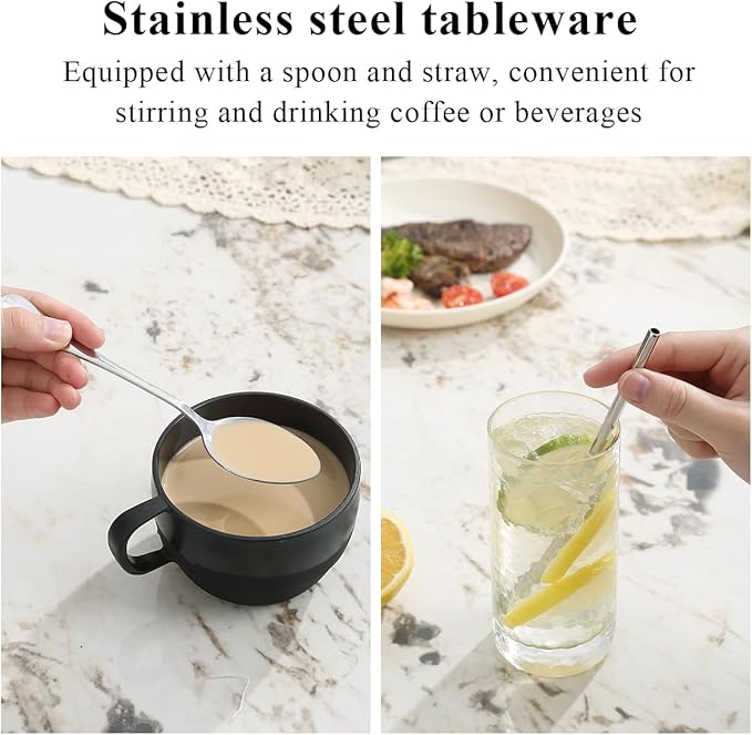 Camping Essentials Set, HOMQUEN Camping Plates and Bowls Set, Coffee Mug, Travel Cutlery Set Include Spoon, Fork, Knife for Work, Outdoor,Picnic, Camp （Black）