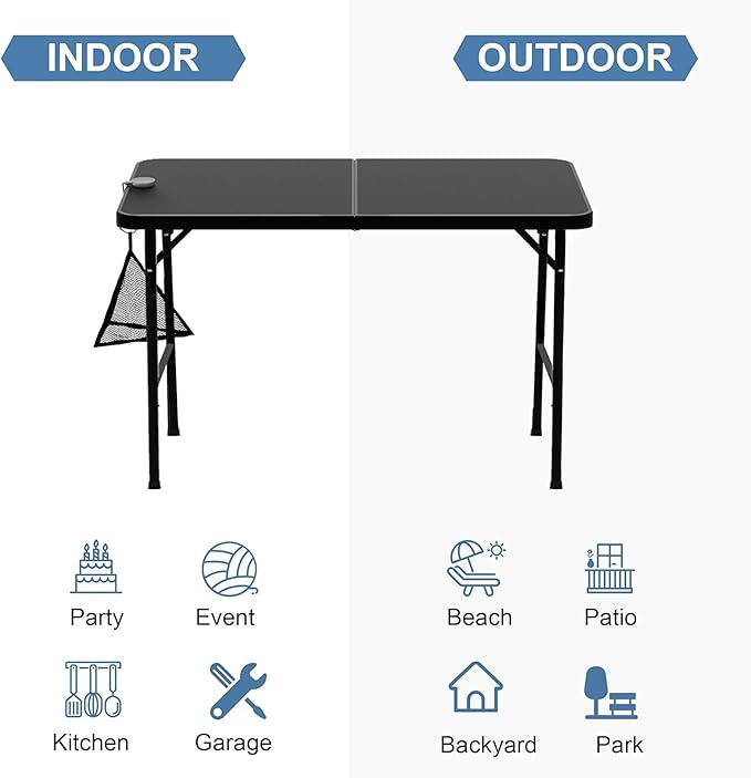 VECELO Folding Table 4 Foot with Mesh Bag, Indoor Outdoor Heavy-Duty Portable w/Handle,Fold-in-Half for Picnic, Party, Camping, Matte Black