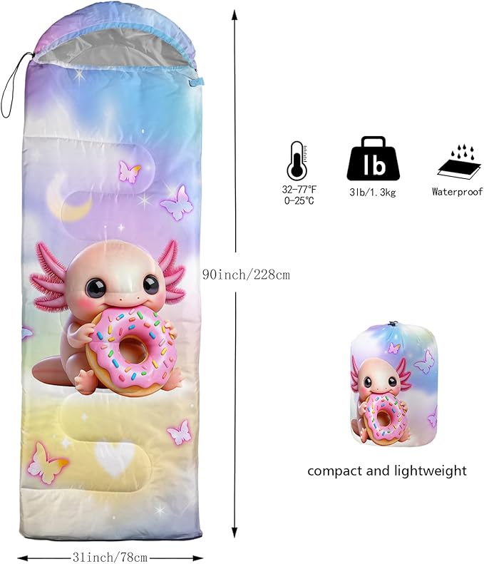 AILONEN Kawaii Puppy Sleeping Bag for Kids Boys Girls,Warm and Cool Weather,Lightweight,Waterproof Backpacking,Cartoon Cute Dog & Duck Animal Themed Blue Sleeping Bag for Camping
