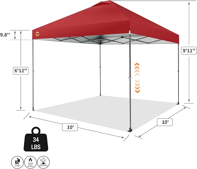 CROWN SHADES Adjustable Height on The Fly, 10x10 Pop Up Canopy - Beach Tent with One Push Setup - Easy Outdoor Sun Shade for Events, Parties, Camping - Outside Shade with STO-N-Go Bag, Red