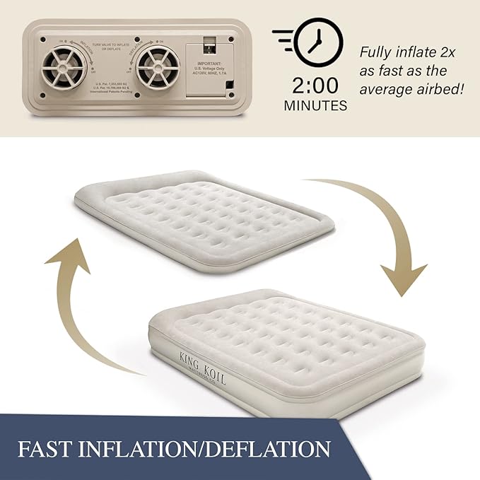 King Koil Luxury Queen Size Air Mattress with Built-in High-Speed Pump Best for Home, Camping, Guests, 13" Queen Size Luxury Double Airbed Adjustable Blow Up Mattress, Waterproof, 1-Year Warranty