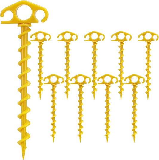 Tent Stakes Ground Anchors Screw in, 10 Pack Sand Stakes for Beach 9.4 Inch Heavy Duty Spiral Tent Pegs for Camping, Party, Hiking, Outdoor Decoration (10, Yellow)