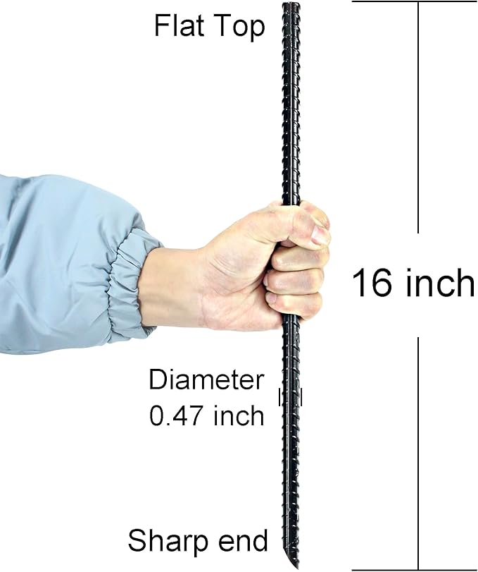 16 Inch Ground Rebar Stakes Heavy Duty Steel Ground Anchors for Outdoor, Straight Metal Stakes with Chisel Point end, Black Powder Coated (24)