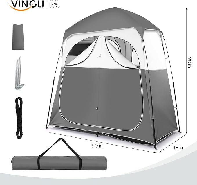 VINGLI 2 Room Shower Tent, 7.5 FT Instant Pop Up Shelter with Carrying Bag, Privacy Changing Room Tent,Perfect for Portable Toilet, Camping, Dressing, Outdoor Indoor, Easy Set Up