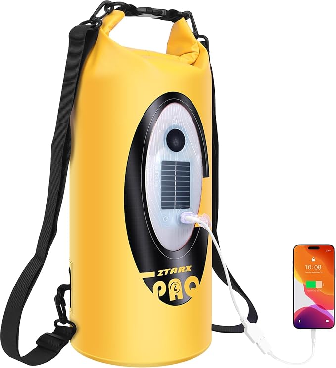 FELICON Solar/Battery Powered Multi-Functional Backpack with Bluetooth Speaker,IP66 Waterproof Dry Bag,Heavy Duty Roll Top Closure,Large Capacity Bag for Camping,Hiking,Traveling (Yellow 10L)
