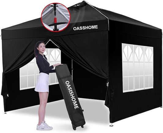 OASISHOME One Push Setup Pop-up Gazebo Portable Canopy Tent 10'x10', with 4 Sidewalls,Wheeled Bag,Waterproof, UV Protection, Heavy-Duty Steel Frame for Patio/Outdoor/Wedding Parties and Events (Black)