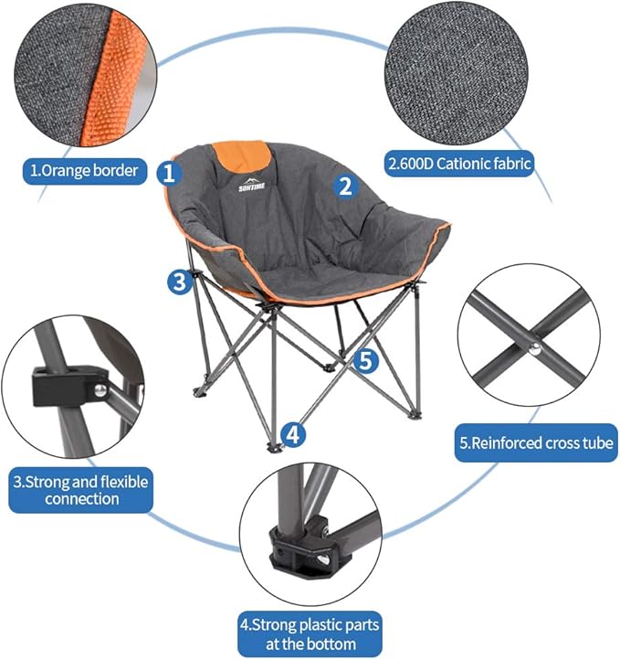 OUTDOOR LIVING SUNTIME Sofa Chair, Oversize Padded Moon Leisure Portable Stable Comfortable Folding Chair for Camping, Hiking, Carry Bag