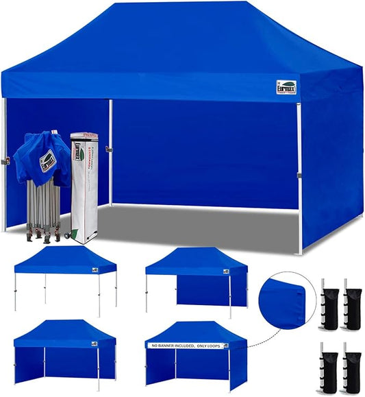 Eurmax USA 10'x15' Pop-up Canopy Tent Commercial Instant Canopies with 4 Removable Zipper End Side Walls and Roller Bag, Bonus 4 SandBags(Blue)
