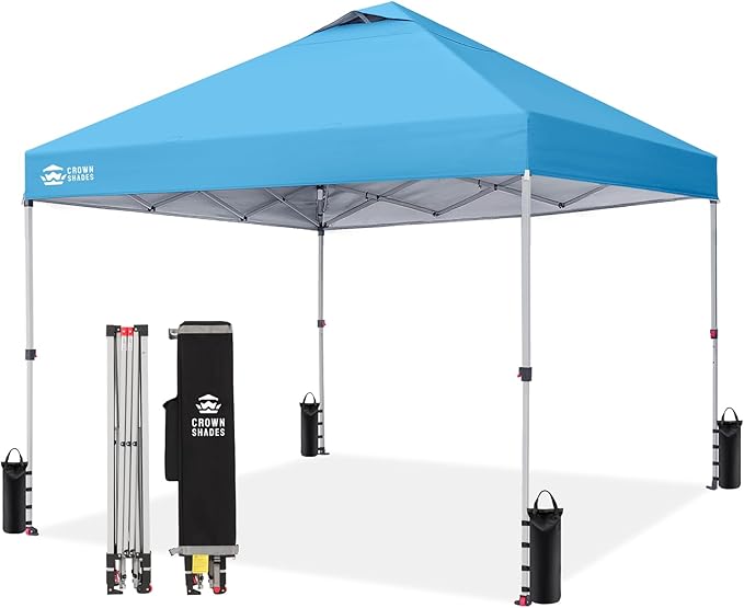 Crown Shades 10x10 Pop Up Canopy - Beach Tent with One Push Setup - Outdoor Sun Shade for Events, Parties, Camping - Gazebo with STO-N-Go Cover Bag, Silver Coated Top, 3 Height& 4 Sand Bags, Sky Blue