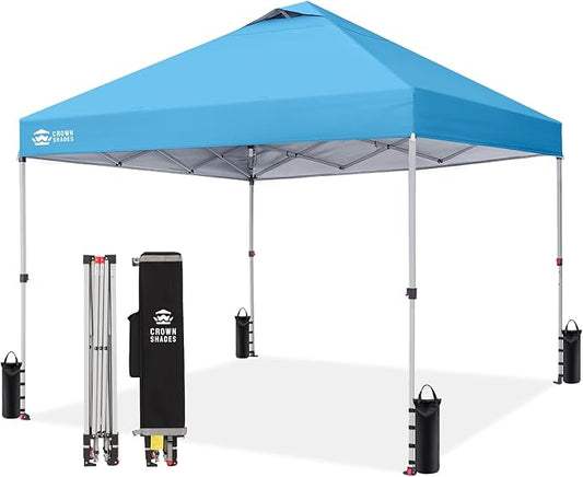 Crown Shades 10x10 Pop Up Canopy - Beach Tent with One Push Setup - Outdoor Sun Shade for Events, Parties, Camping - Gazebo with STO-N-Go Cover Bag, Silver Coated Top, 3 Height& 4 Sand Bags, Sky Blue