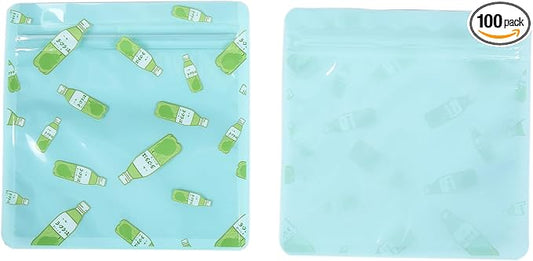 QQ Studio 100 PCS Clear Print Poly Plastic Color Empty Hangover Starter Kit with Resealable Zipper Seal Lock (Pear Drink, 5.12 inch x 5.12 inch)