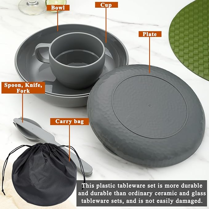 Berglander Camping Mess Kit with Bowl, Plate, Cup, Spoon, Fork, Knife and Carry Bag, Plastic Camping Accessories Essentials Gear for Travel, Camping, Picnic, Outdoor, Easy to Carry & Store