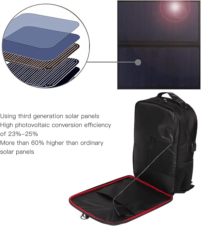 14W Solar Backpack, Lightweight Ergonomic Solar Power Laptop Bag with 5V USB Output Port & Handle, Suppport 9 Smart Circuit Protections, for Hiking, Biking, Running
